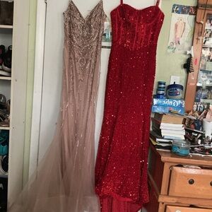 Red Sequin Gown and Beaded Nude Dress
